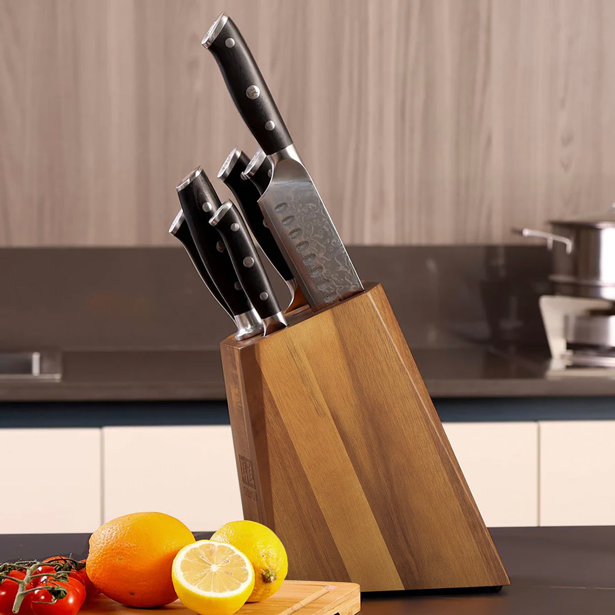SHAN ZU PRO | 7-Piece Damascus Kitchen Knife Set with Block + Heavy-Duty Kitchen Scissors