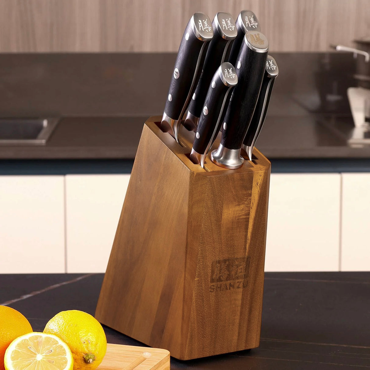 SHAN ZU PRO | 7-Piece Damascus Kitchen Knife Set with Block + Heavy-Duty Kitchen Scissors