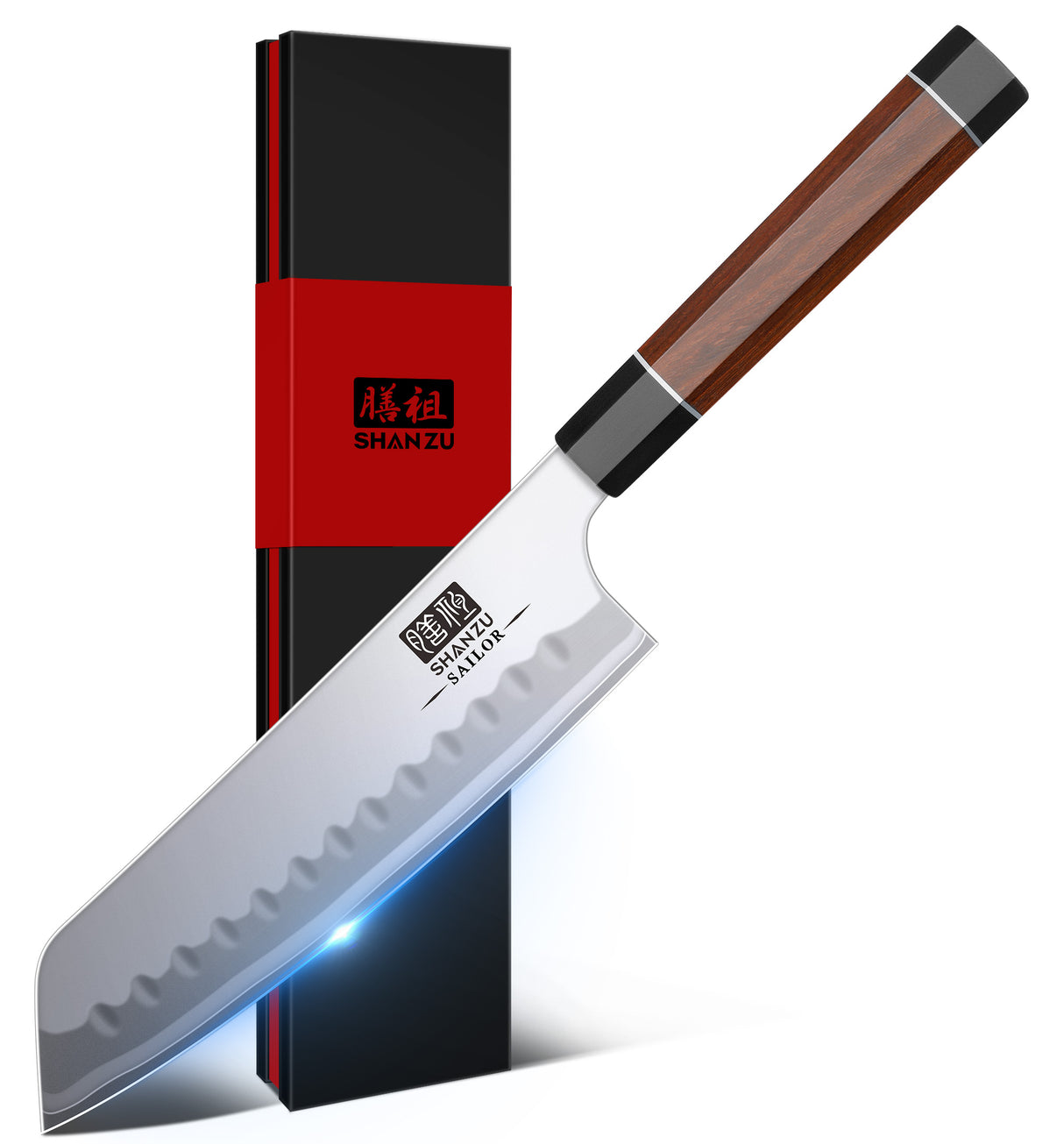 SHAN ZU 7 Inch Japanese Chef Knife, 9 Layers 10Cr15MoV High Carbon Steel Professional Kitchen Knife, Sharp Cooking Knife with Ergonomic Red Sandalwood Handle, Meat Cutting Sashimi Santoku Knife