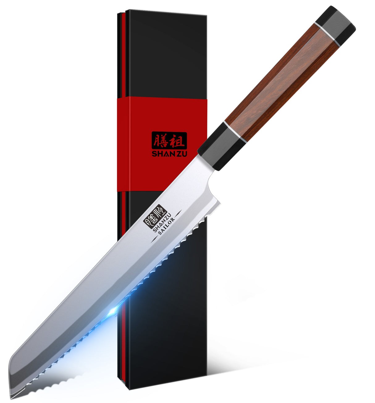 SHAN ZU 8 Inch Japanese Bread Knife, 9 Layers 10Cr15MoV High Carbon Steel Bread Knives for Homemade Bread, Sharp Sourdough Bread Knives Sashimi Knives, Long Serrated Bread Sashimi Knife