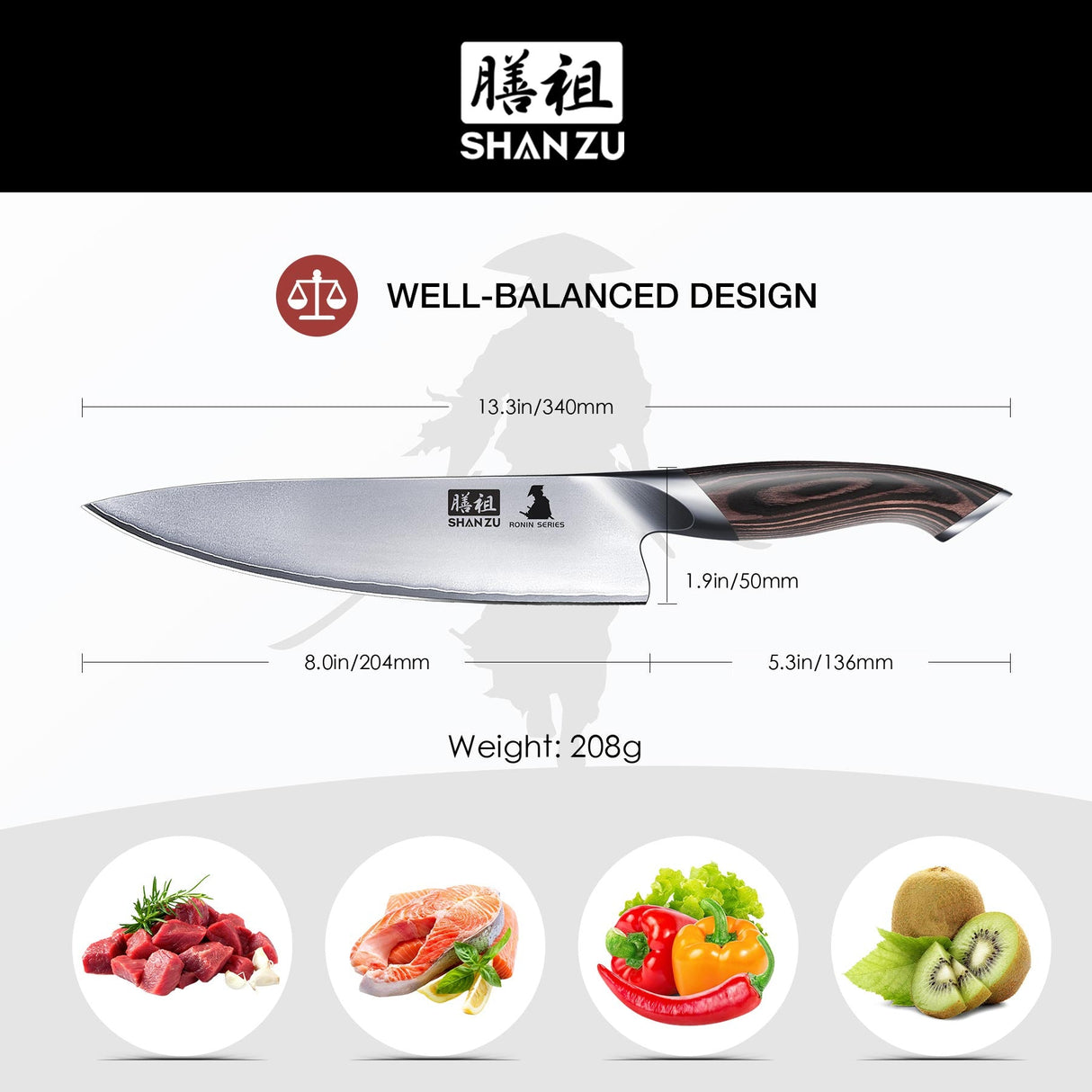 SHAN ZU 8” High Carbon Japanese Culinary Chef Knife | Japanese High Carbon Steel Knife with Ergonomic Handle