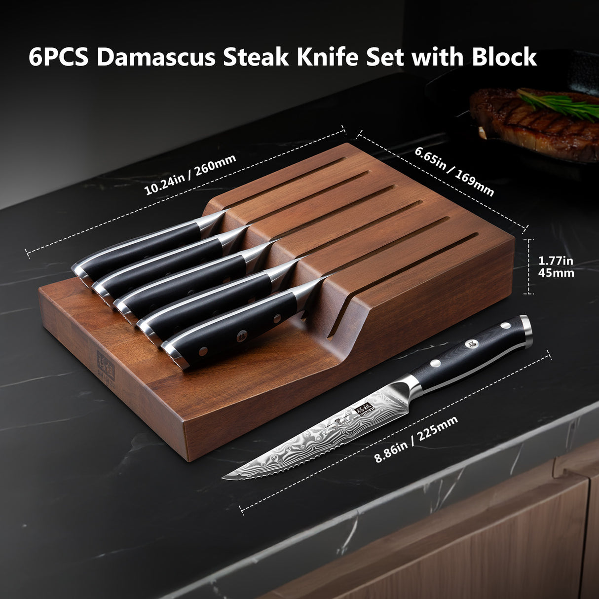 SHAN ZU | PRO Series 7-Piece Damascus Steak Knife Set with Block