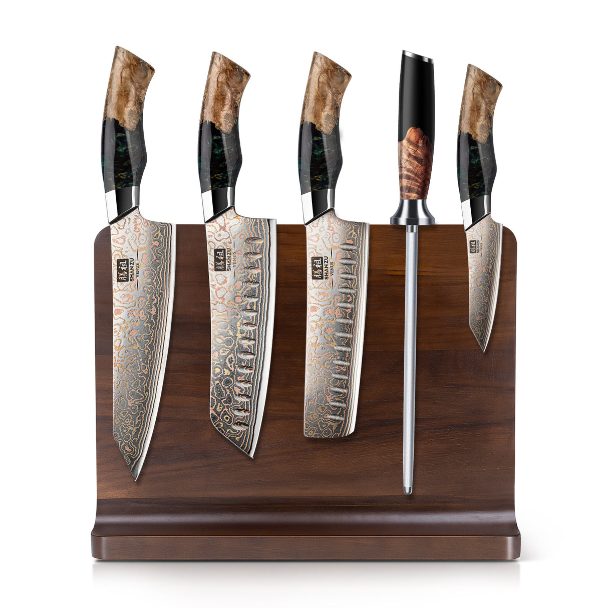 SHAN ZU Venus Series – 5-Piece Copper-Damascus Set + Magnetic Knife Block