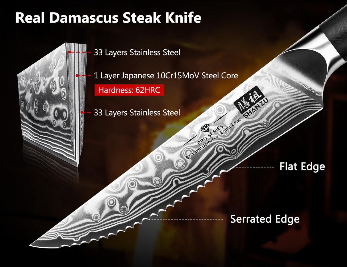 SHAN ZU PRO Series 7PCS Steak Knife, Damascus Steak Knife Set with Block