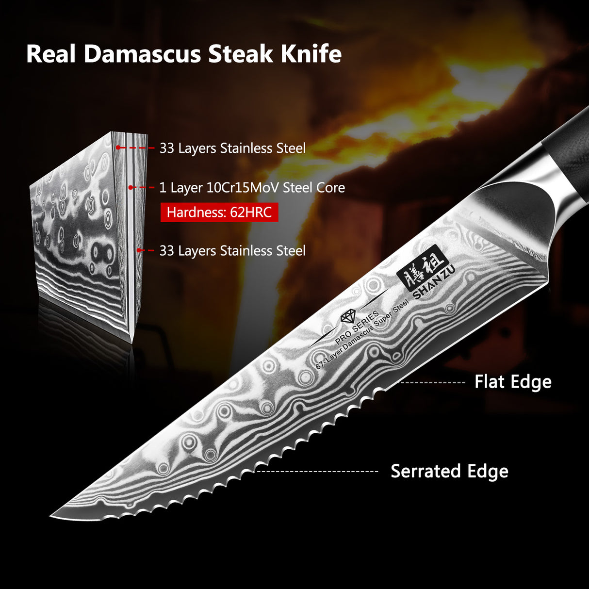 SHAN ZU | PRO Series 7-Piece Damascus Steak Knife Set with Block