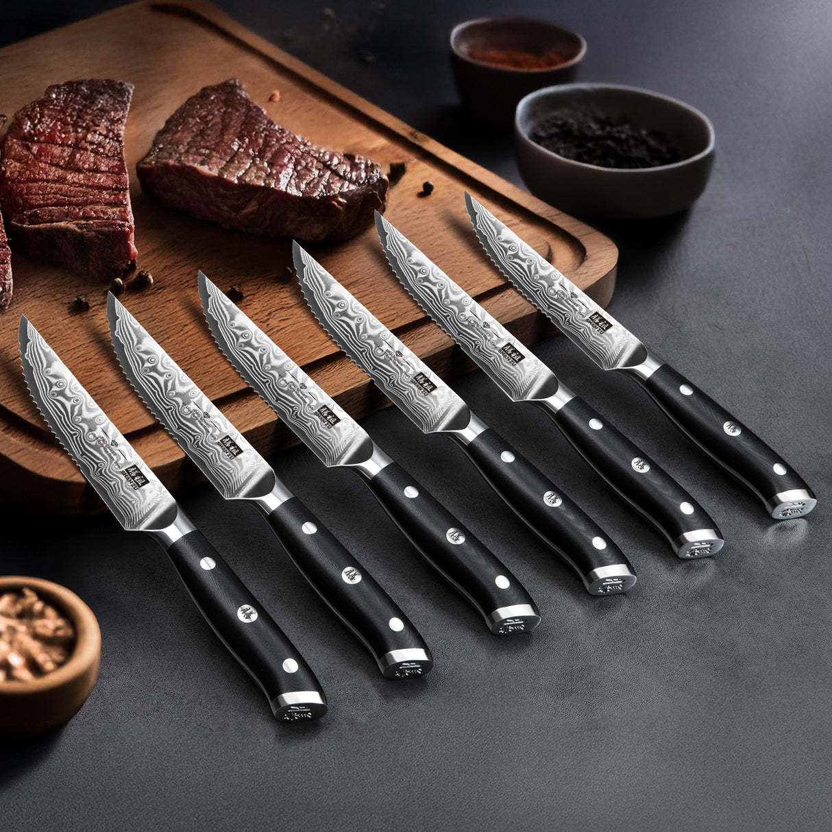 SHAN ZU | PRO Series 7-Piece Damascus Steak Knife Set with Block