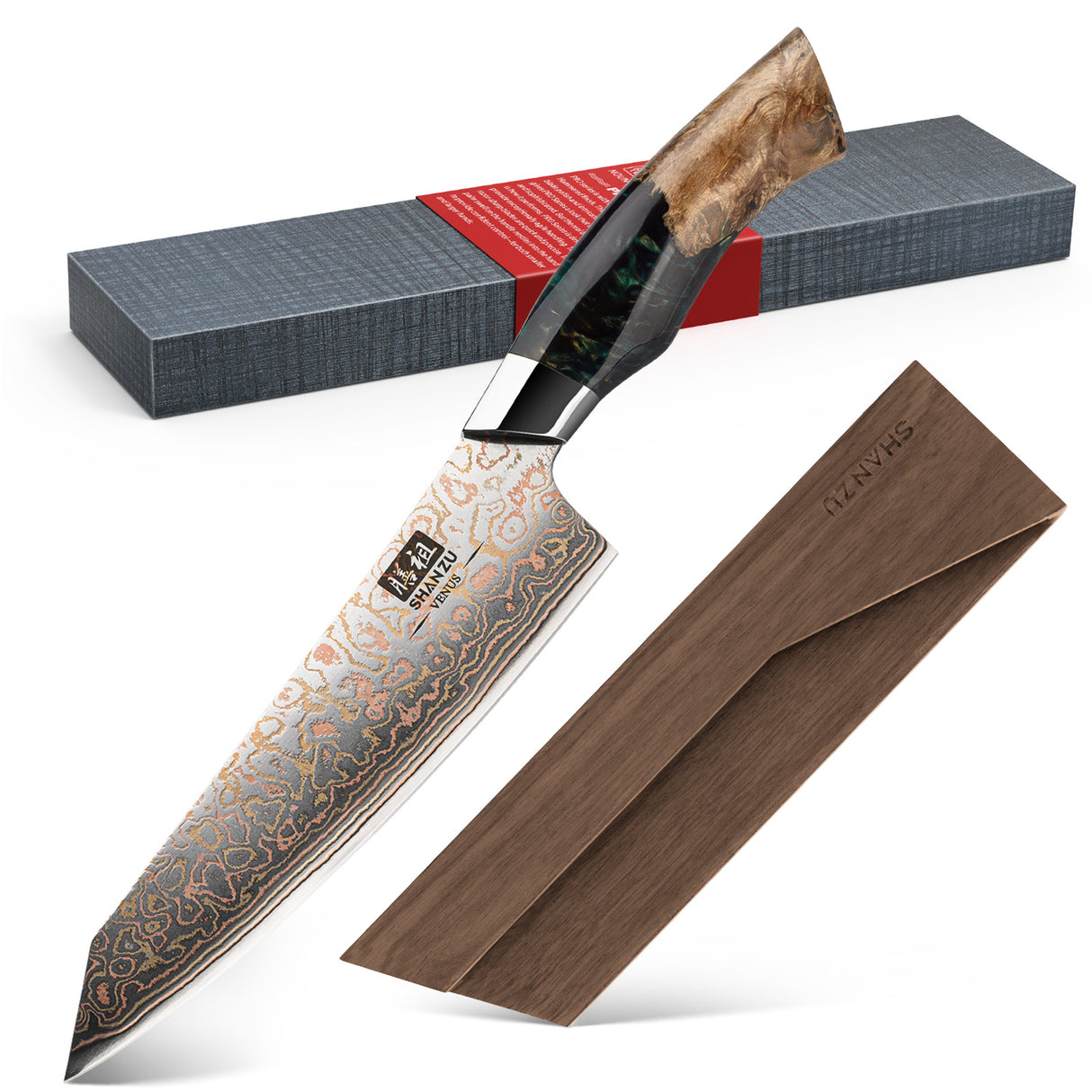 Venus Copper 8" Damascus Chef Knife+Magnetic Knife Sheath