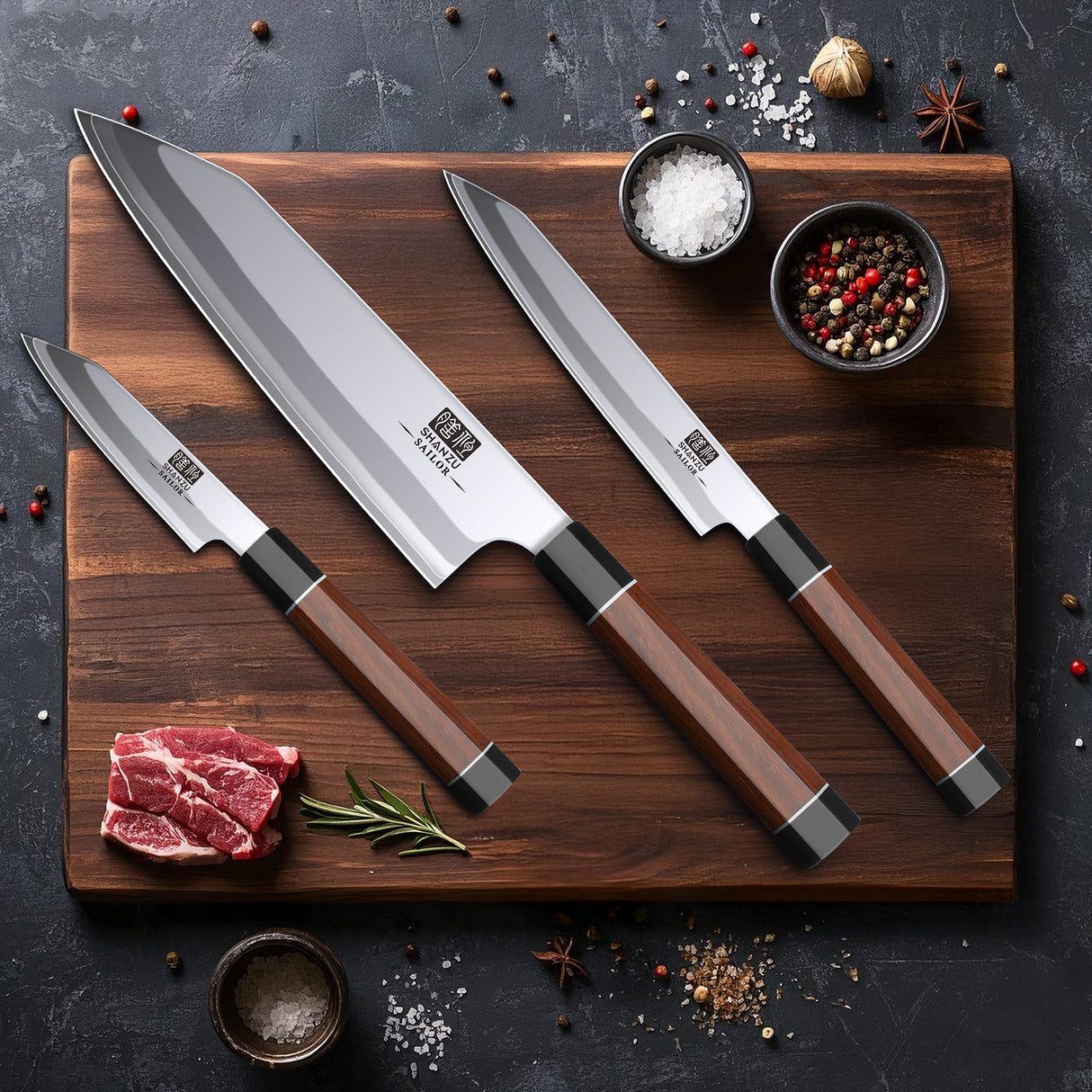 SHAN ZU 3PCS Japanese Knife Set, 9 Layers 10Cr15MoV High Carbon Steel Professional Kitchen Knives, Sharp Chef Knife Set with Ergonomic Red Sandalwood Handle, Sashimi Cooking & Cutting Knives Set