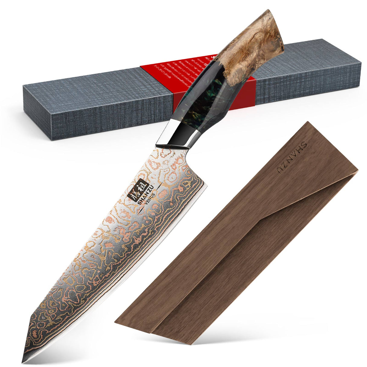 Venus Copper 8" Damascus Chef Knife+Magnetic Knife Sheath