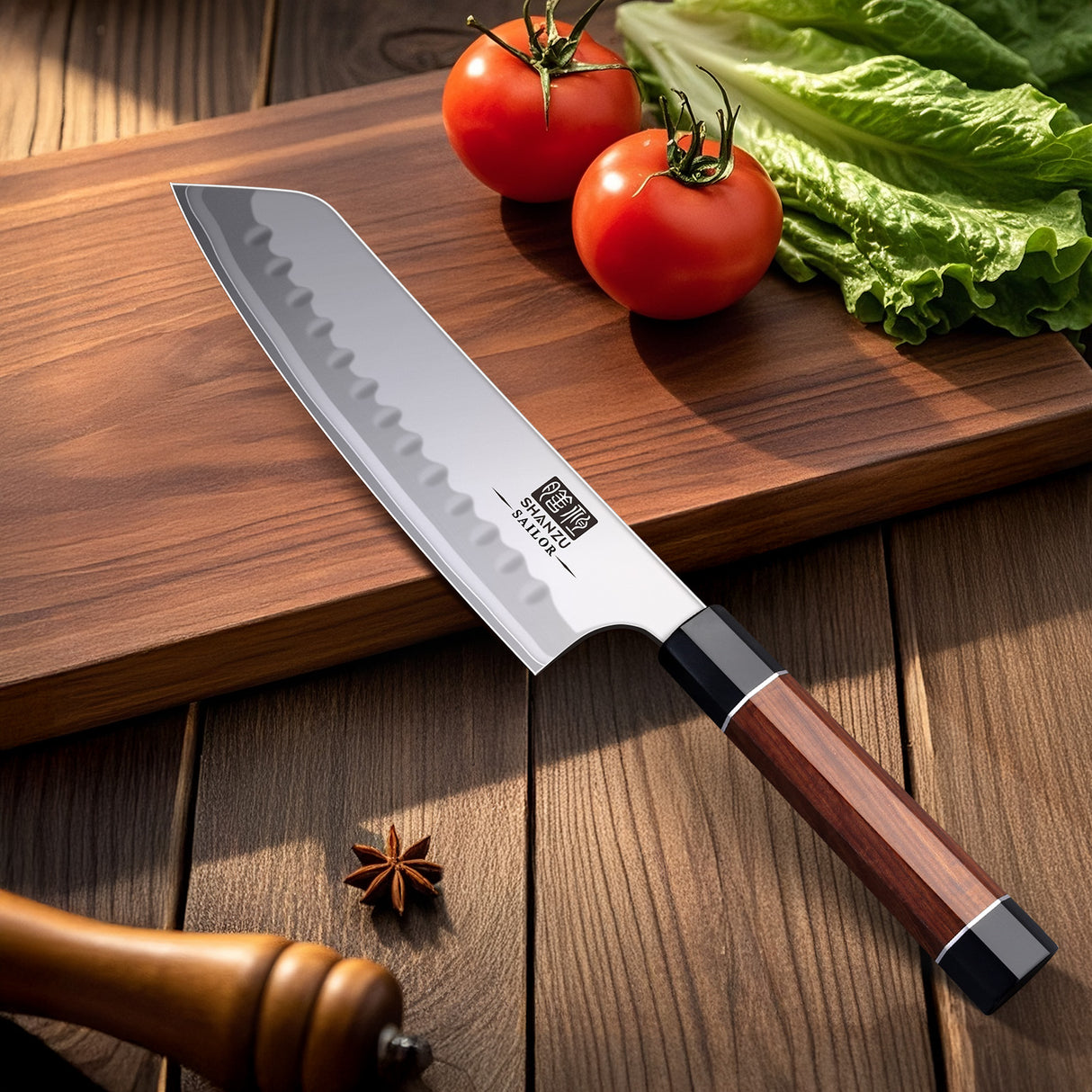 SHAN ZU 7 Inch Japanese Chef Knife, 9 Layers 10Cr15MoV High Carbon Steel Professional Kitchen Knife, Sharp Cooking Knife with Ergonomic Red Sandalwood Handle, Meat Cutting Sashimi Santoku Knife