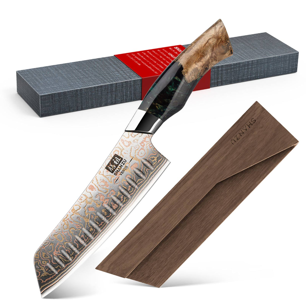 Venus Copper 7" Damascus Santoku Knife +Magnetic Knife Sheath