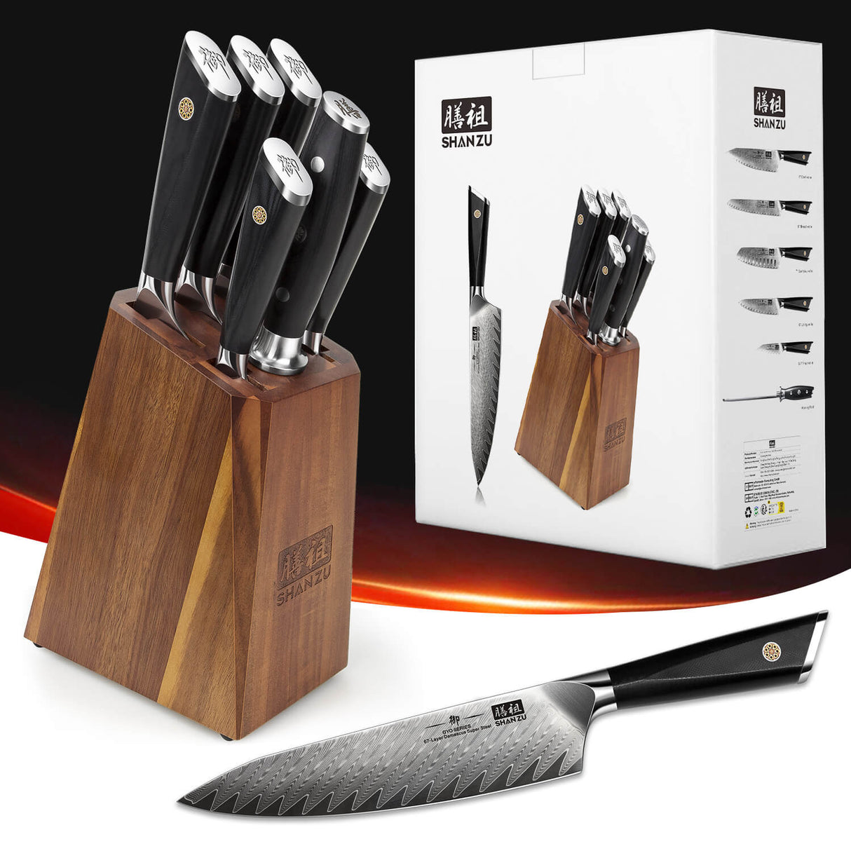 SHAN ZU 7-PCS Damascus GYO Knife Set with Block | Professional Kitchen Cutlery | Set of Best Knives For Kitchen