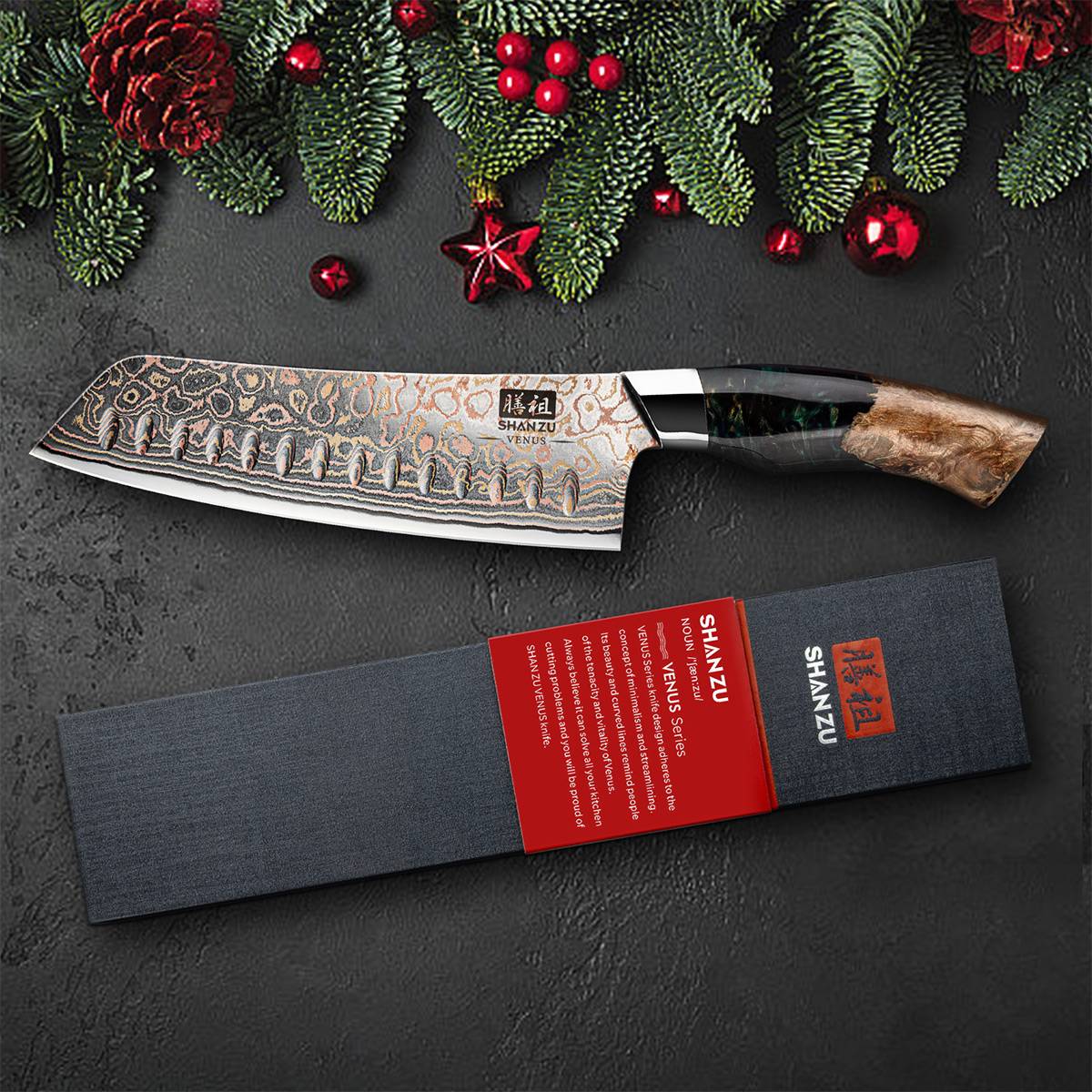 Venus Copper Damascus Santoku Knife