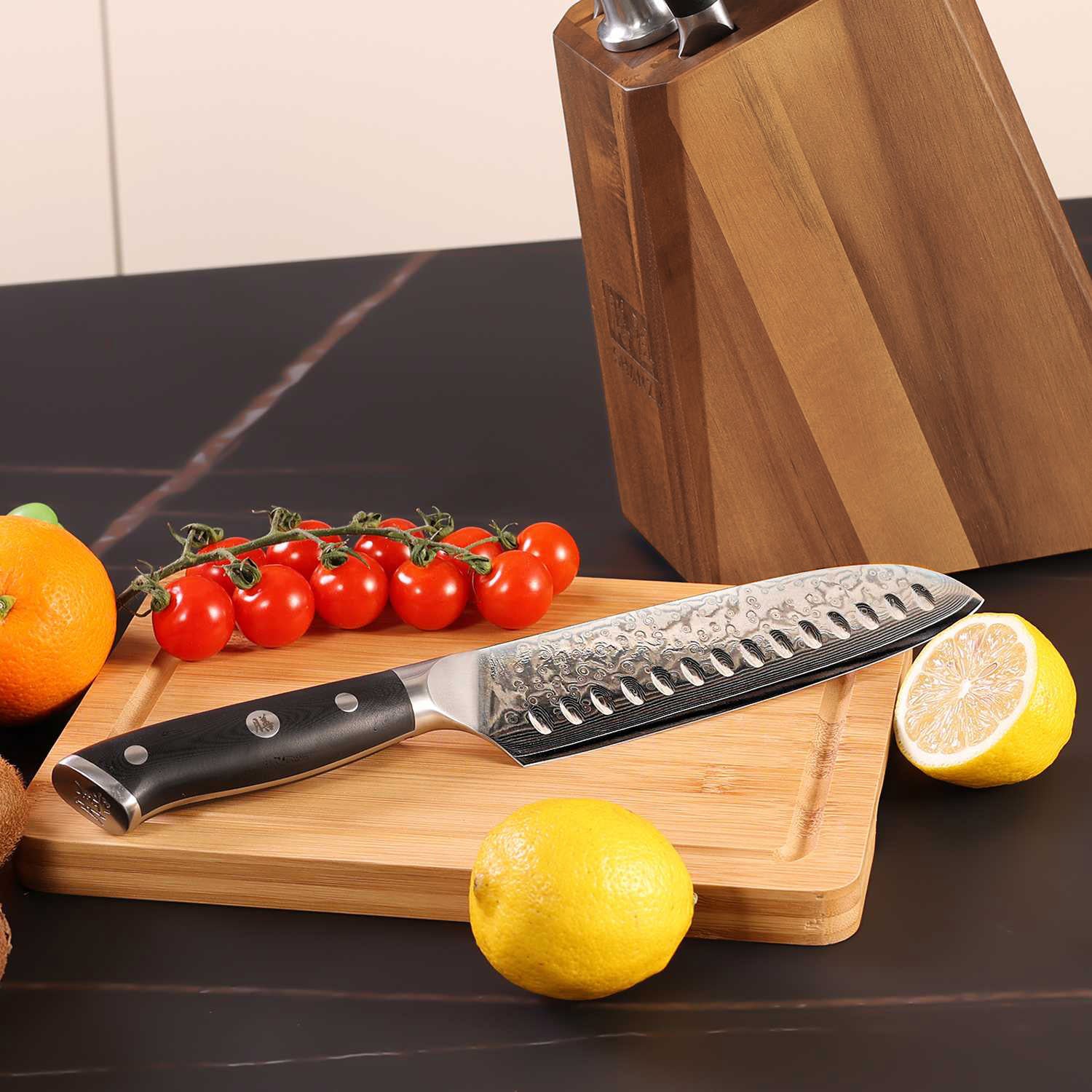 SHAN ZU PRO | 7-Piece Damascus Kitchen Knife Set with Block + Heavy-Duty Kitchen Scissors