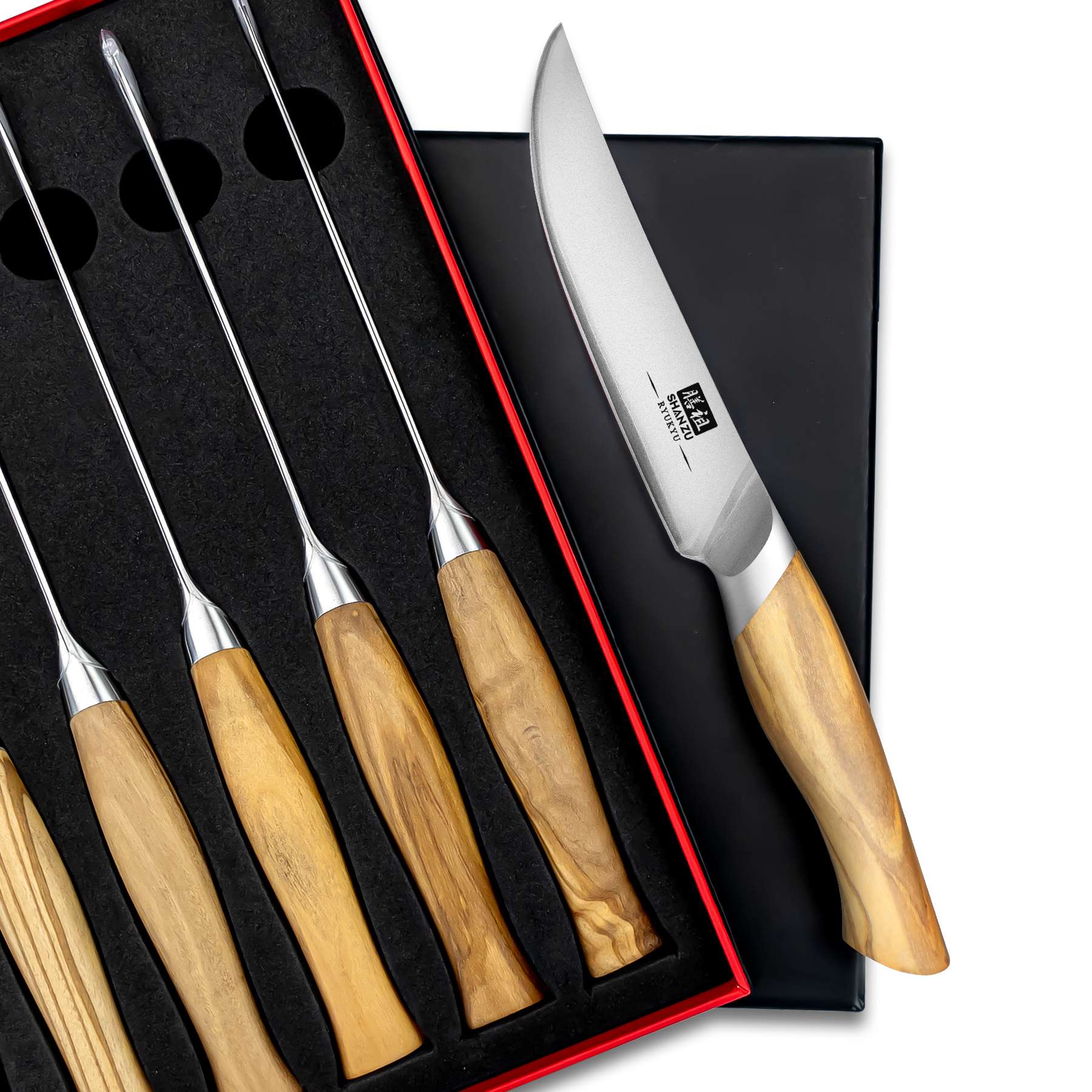 Razor-Sharp Steak Knife Set of 6 with Olive Wood Handle & Gift