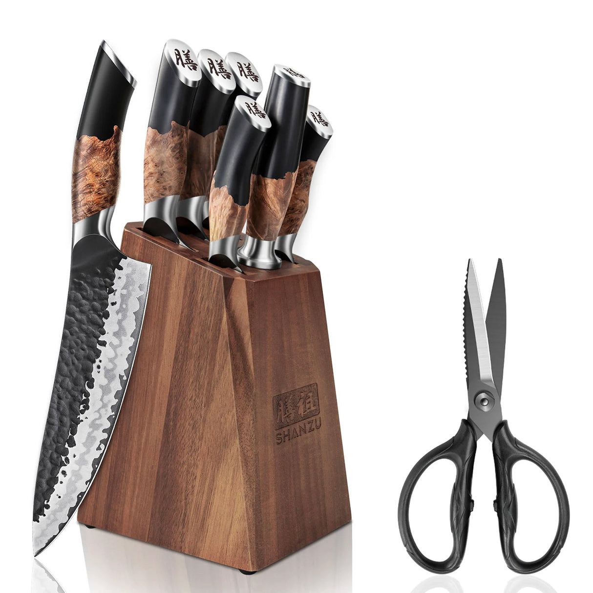 SHAN ZU TENGU | 7-Piece Japanese Kitchen Knife Set with Block + Heavy-Duty Kitchen Scissors