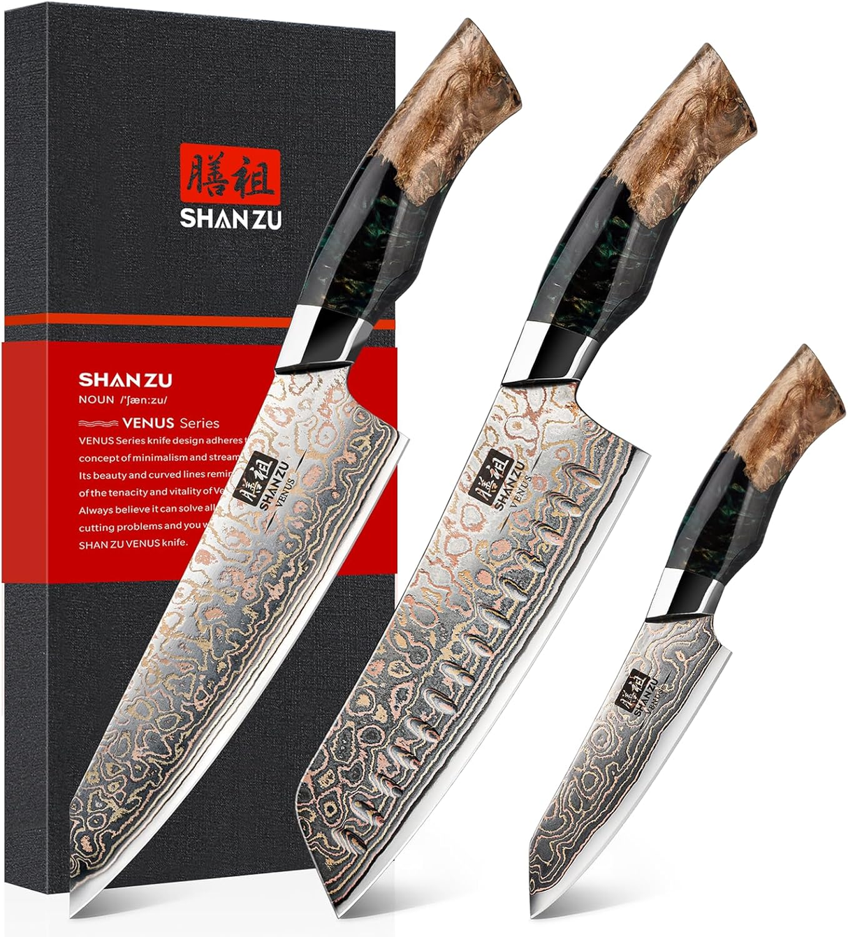 SHAN ZU Venus Series | 3-Piece Copper-Damascus Knife Set