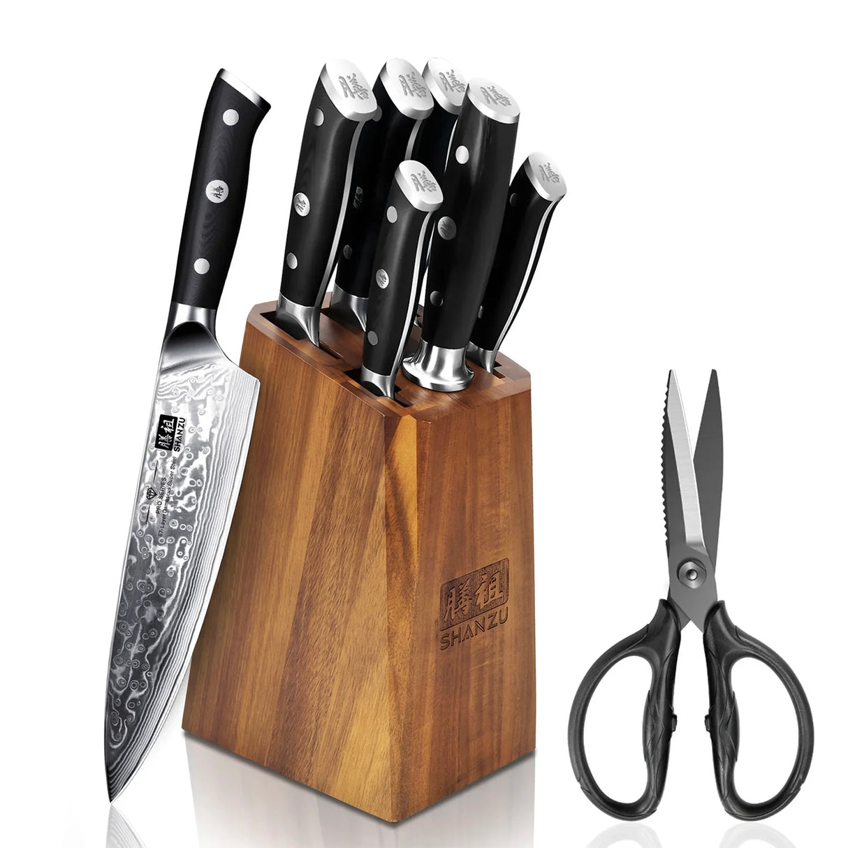 SHAN ZU PRO | 7-Piece Damascus Kitchen Knife Set with Block + Heavy-Duty Kitchen Scissors