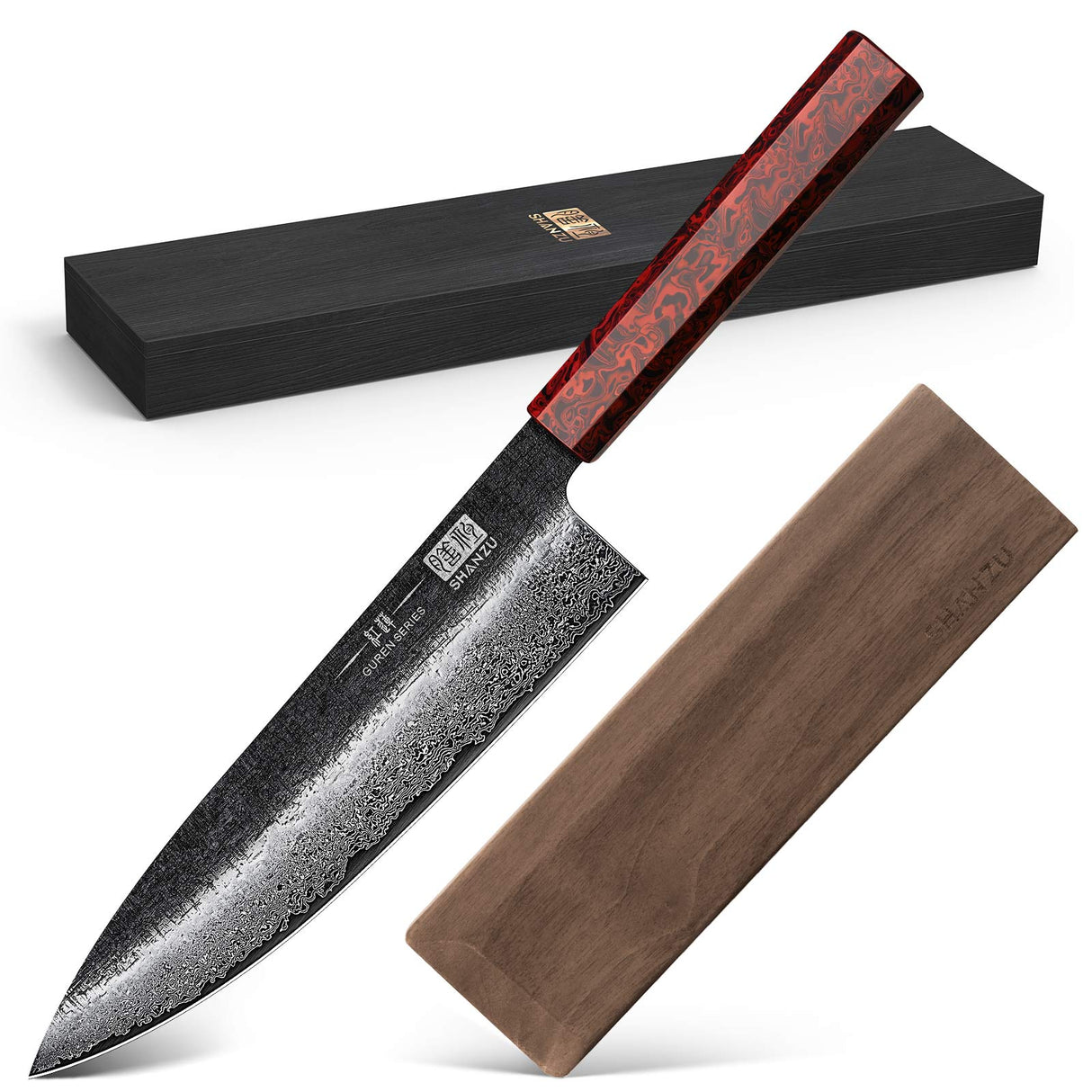 Guren Series | 8" Forged Black Damascus Chef Knife+Magnetic Knife Sheath