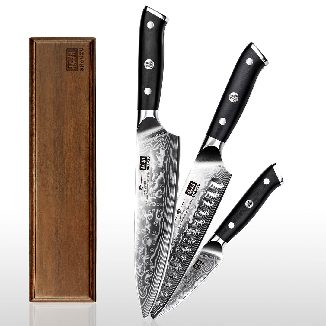 SHAN ZU Pro Series | 3-Piece Damascus Knife Set + 12" Magnetic Knife Holder