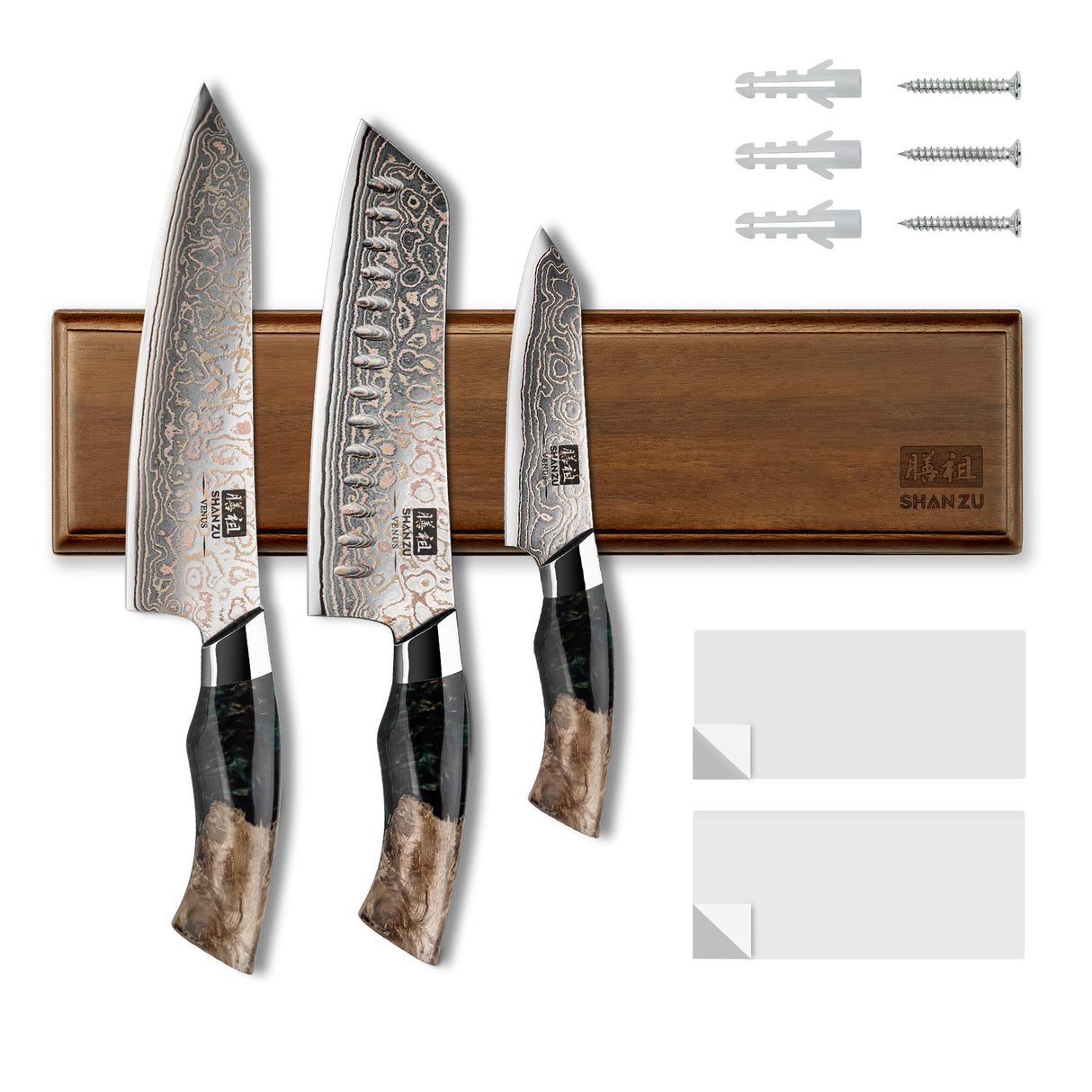 SHAN ZU Venus Series | 3-Piece Copper-Damascus Knife Set + 12" Magnetic Knife Holder