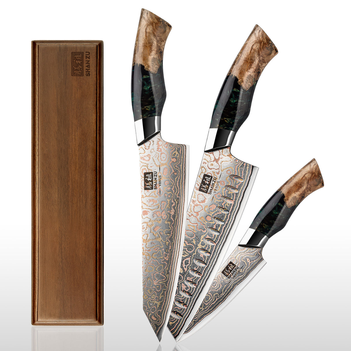 SHAN ZU Venus Series | 3-Piece Copper-Damascus Knife Set + 12" Magnetic Knife Holder