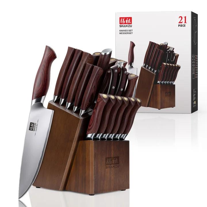 Okinawa Series| 21 PCS Knife Block Set with Ergonomic Pakka Wood Handle