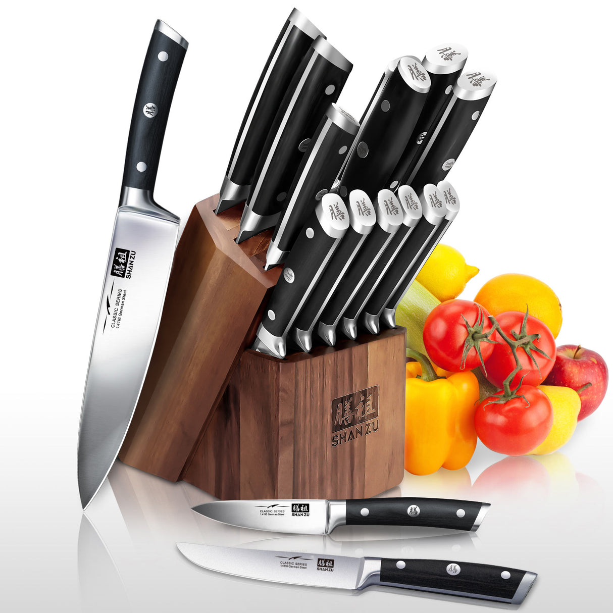 SHAN ZU High Carbon Stainless Steel 14-PCS Kitchen Knife Block Set | Japanese Cooking Knife Set with Gift Box