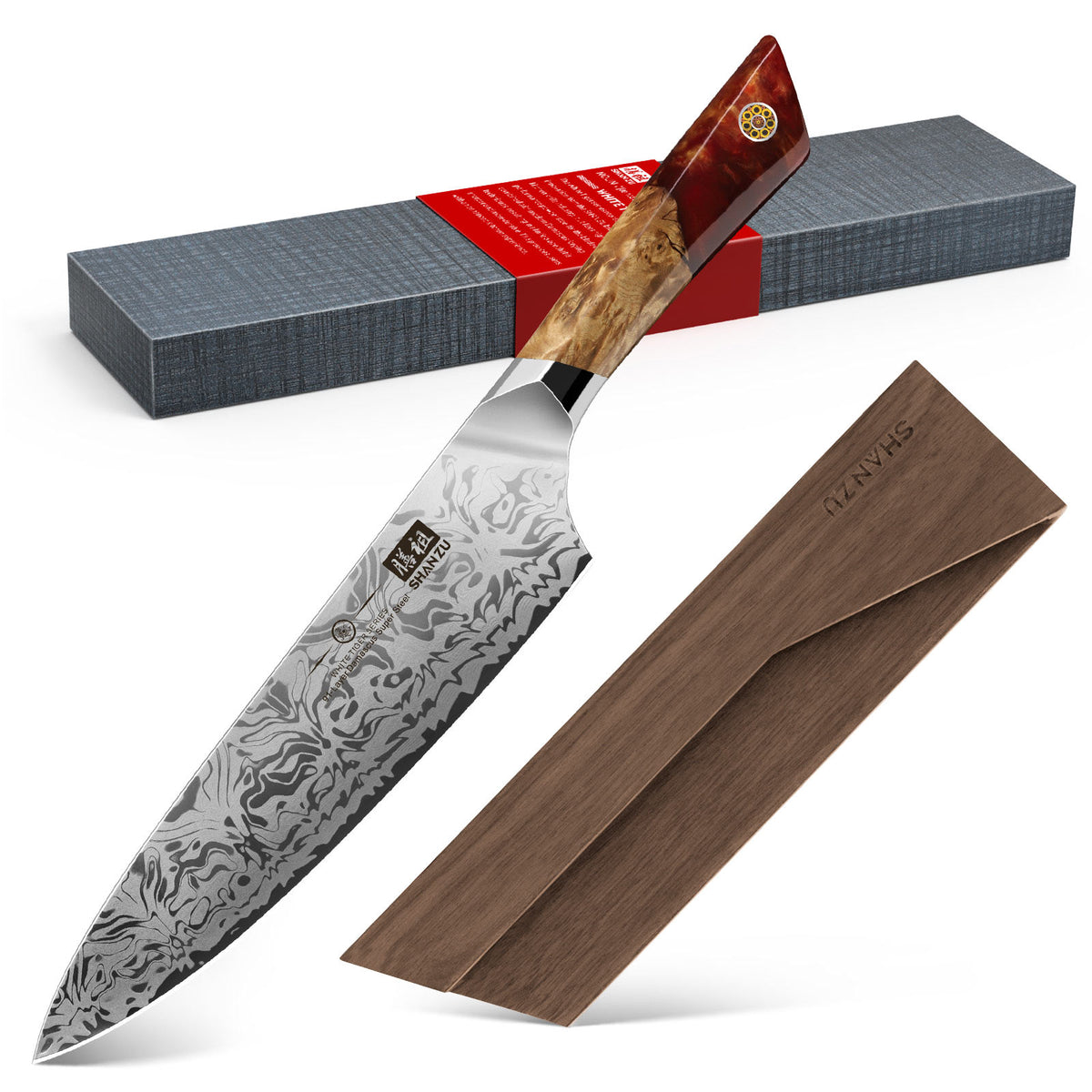 SHAN ZU WHITE TIGER | SG2-Damast-Kochmesser + magnetische Messerscheide