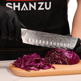 SHAN ZU 6.90" Blade Damascus Nakiri Knife | Professional Handcrafted Gyuto Nakiri Knife | 67 Layers Damascus Steel + G10 Handle