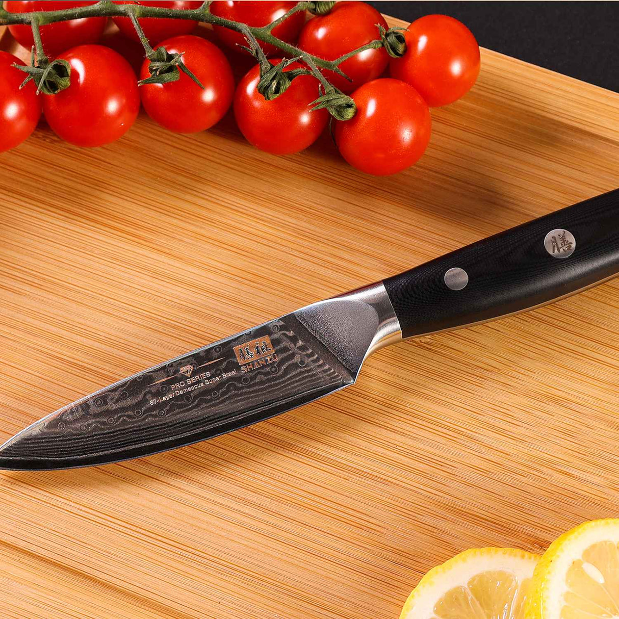 SHAN ZU PRO | 7-Piece Damascus Kitchen Knife Set with Block + Heavy-Duty Kitchen Scissors