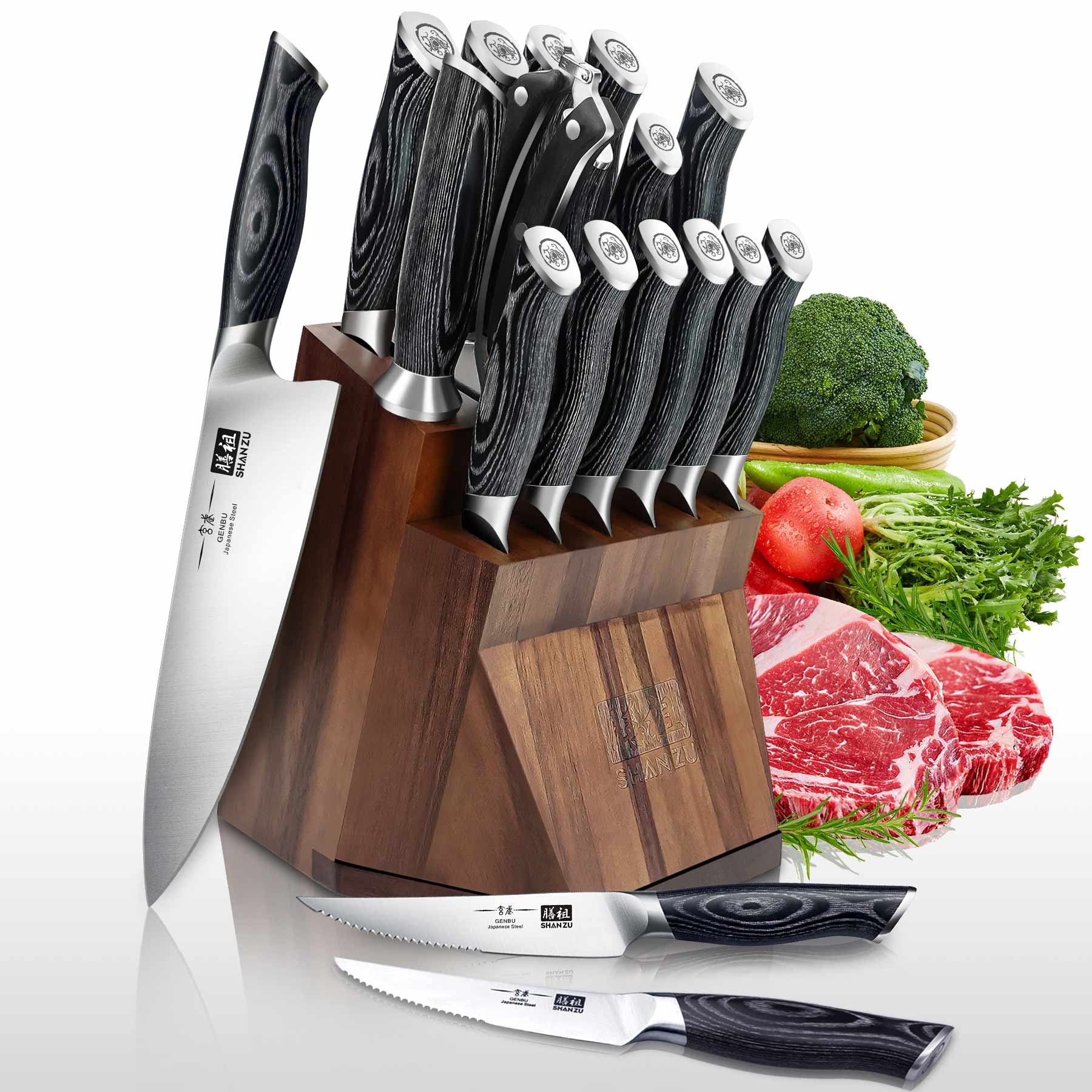 SHAN ZU 16-PCS Professional Japanese AUS-10V Steel Chef Knife Set with Wood Handle | Top-tier Cutlery Set 