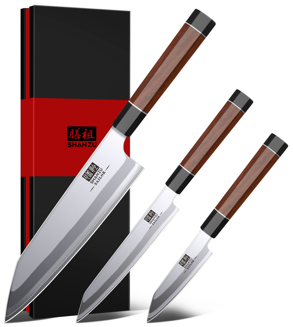 SHAN ZU 3PCS Japanese Knife Set, 9 Layers 10Cr15MoV High Carbon Steel Professional Kitchen Knives, Sharp Chef Knife Set with Ergonomic Red Sandalwood Handle, Sashimi Cooking & Cutting Knives Set