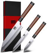 SHAN ZU 3PCS Japanese Knife Set, 9 Layers 10Cr15MoV High Carbon Steel Professional Kitchen Knives, Sharp Chef Knife Set with Ergonomic Red Sandalwood Handle, Sashimi Cooking & Cutting Knives Set