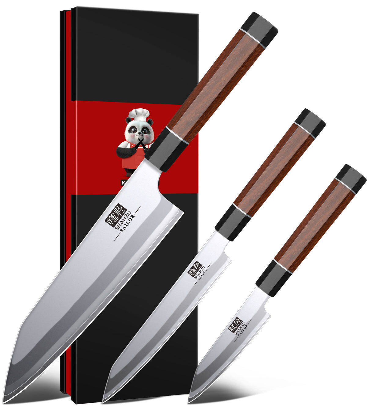 SHAN ZU 3PCS Japanese Knife Set, 9 Layers 10Cr15MoV High Carbon Steel Professional Kitchen Knives, Sharp Chef Knife Set with Ergonomic Red Sandalwood Handle, Sashimi Cooking & Cutting Knives Set