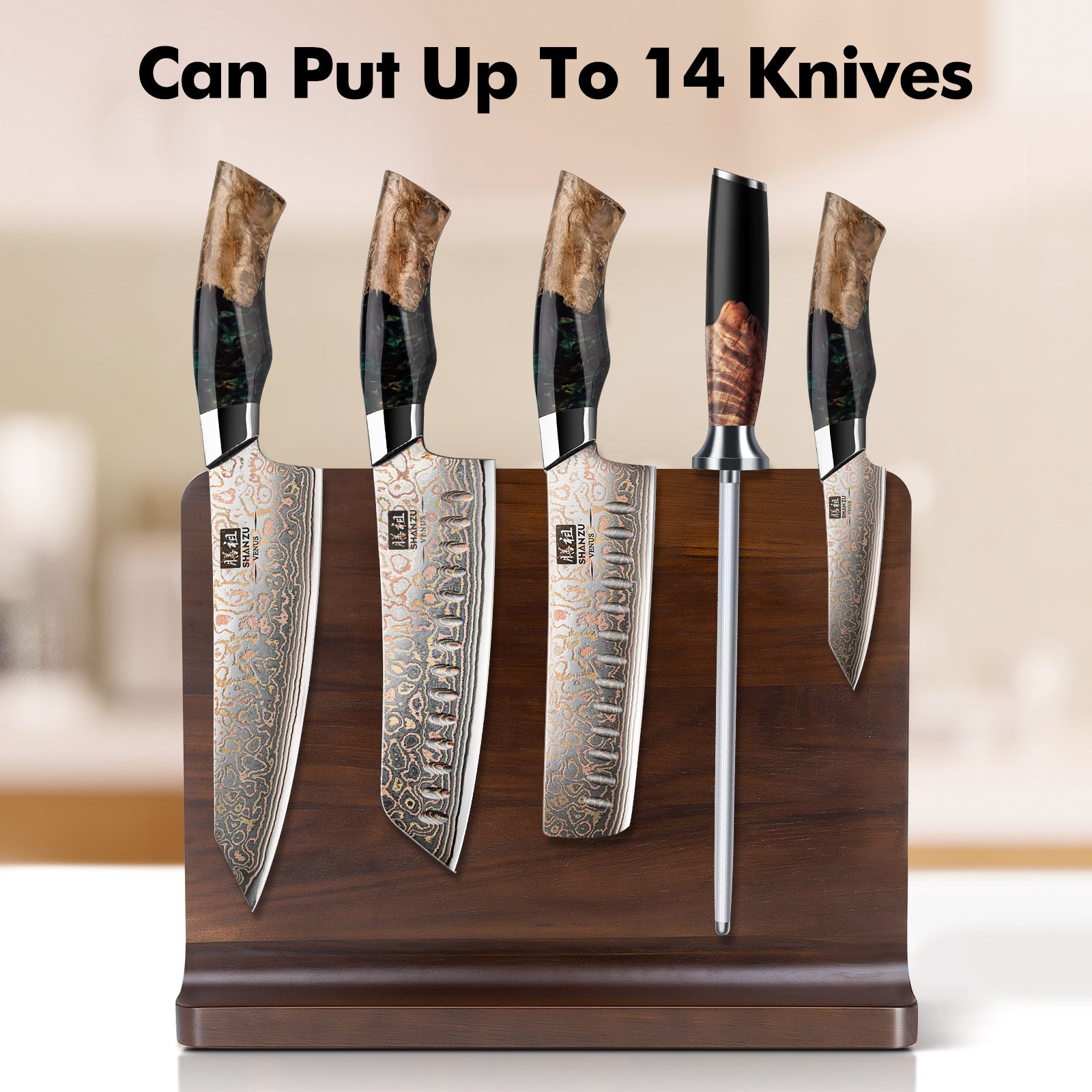 SHAN ZU Venus Series – 5-Piece Copper-Damascus Set + Magnetic Knife Block