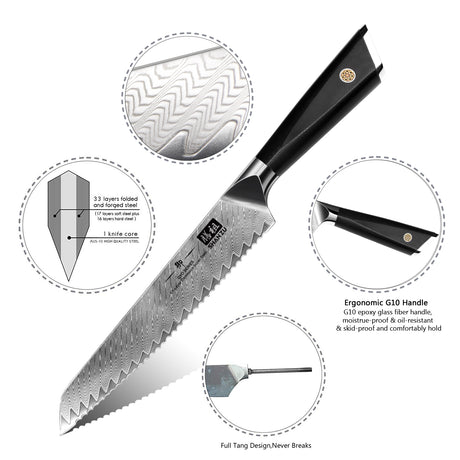 GYO Series | 8" Damascus Bread Knife + Magnetic Knife Sheath