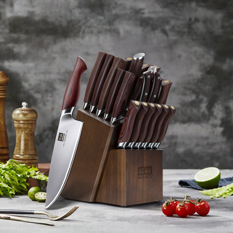 Okinawa Series| 21 PCS Knife Block Set with Ergonomic Pakka Wood Handle