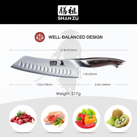 SHAN ZU 7” High Carbon Japanese Culinary Santoku Knife | Best Budget Chef Knife with a Comfortable Grip 