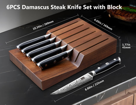 SHAN ZU PRO Series 7PCS Steak Knife, Damascus Steak Knife Set with Block