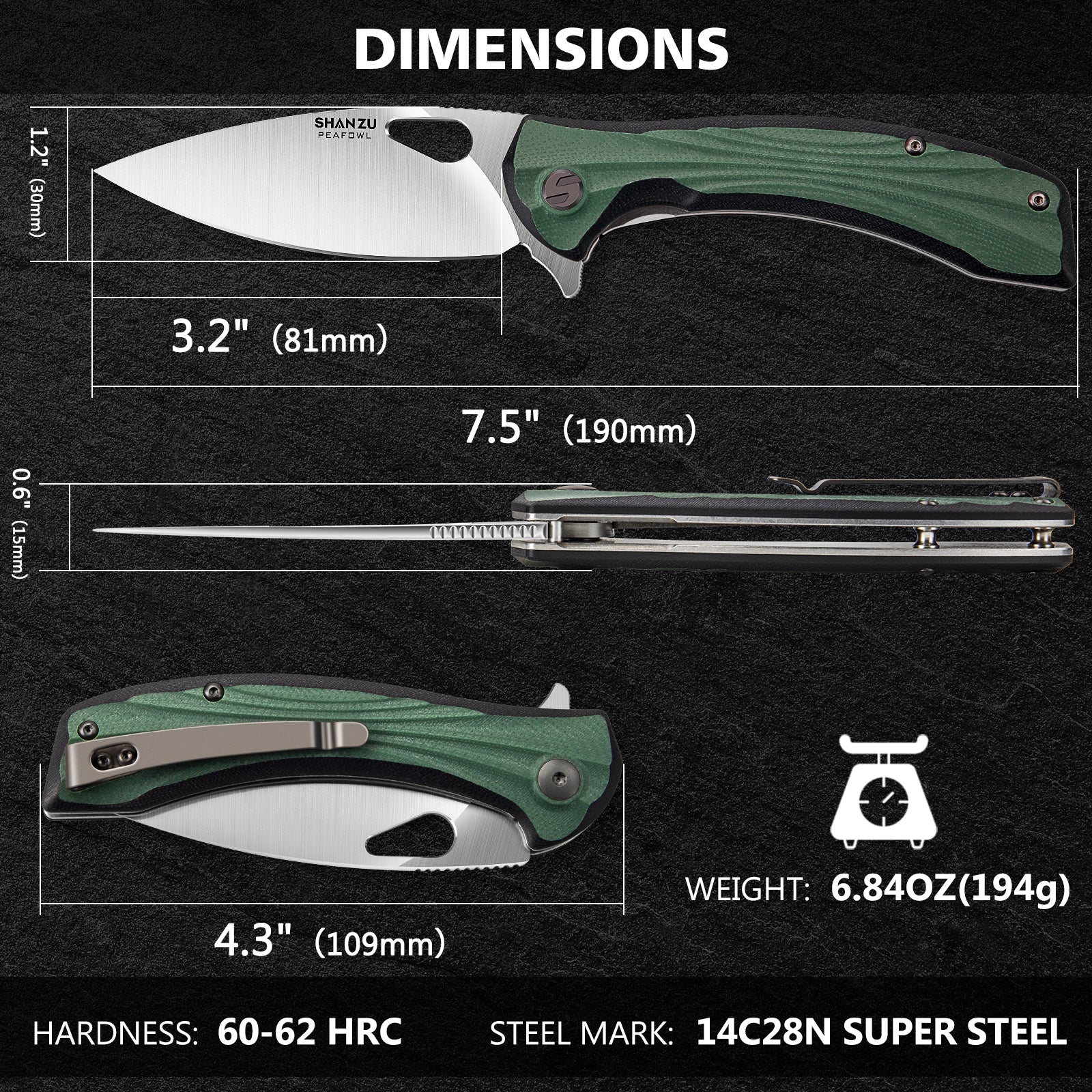 SHAN ZU Taschenmesser 8,1 cm, Pulverschichtstahl-Klinge EDC Klappmesser für Männer & Frauen, Universalmesser Survival-Messer mit G10 Griff & Taschenclip für Camping, Angeln, Wandern, Jagen – Grün