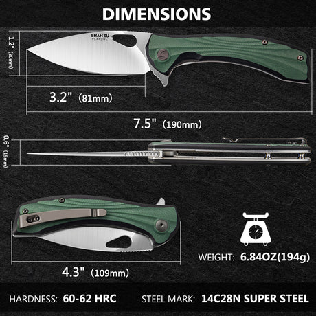 SHAN ZU Taschenmesser 8,1 cm, Pulverschichtstahl-Klinge EDC Klappmesser für Männer & Frauen, Universalmesser Survival-Messer mit G10 Griff & Taschenclip für Camping, Angeln, Wandern, Jagen – Grün