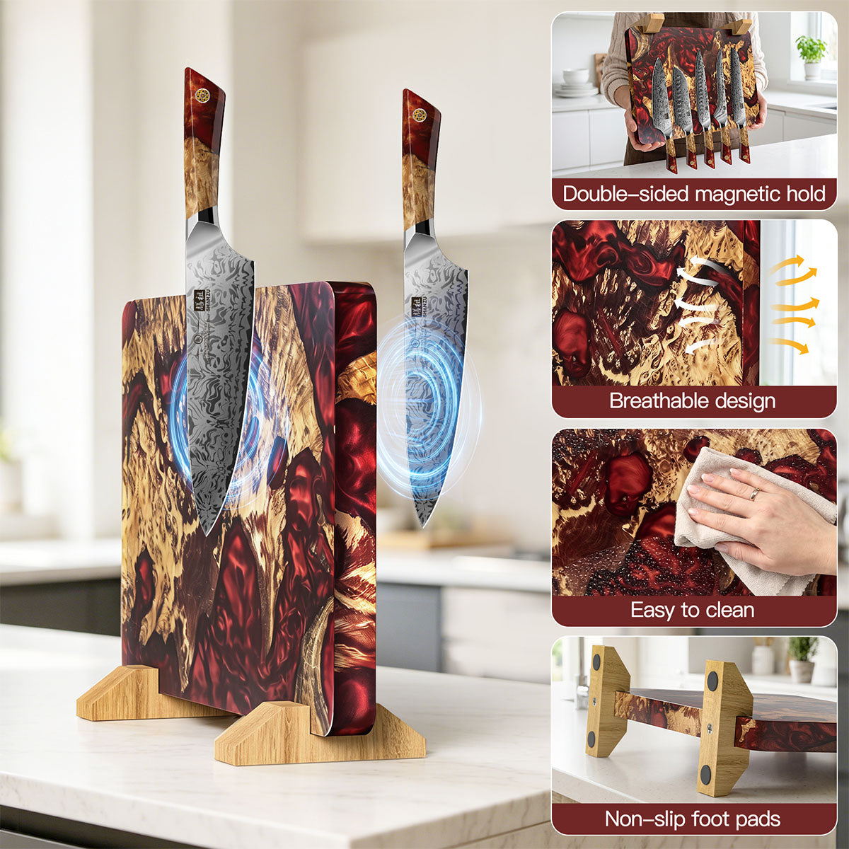 White Tiger Series | Double-Sided Magnetic Knife Block - Red Stabilized Wood Edition