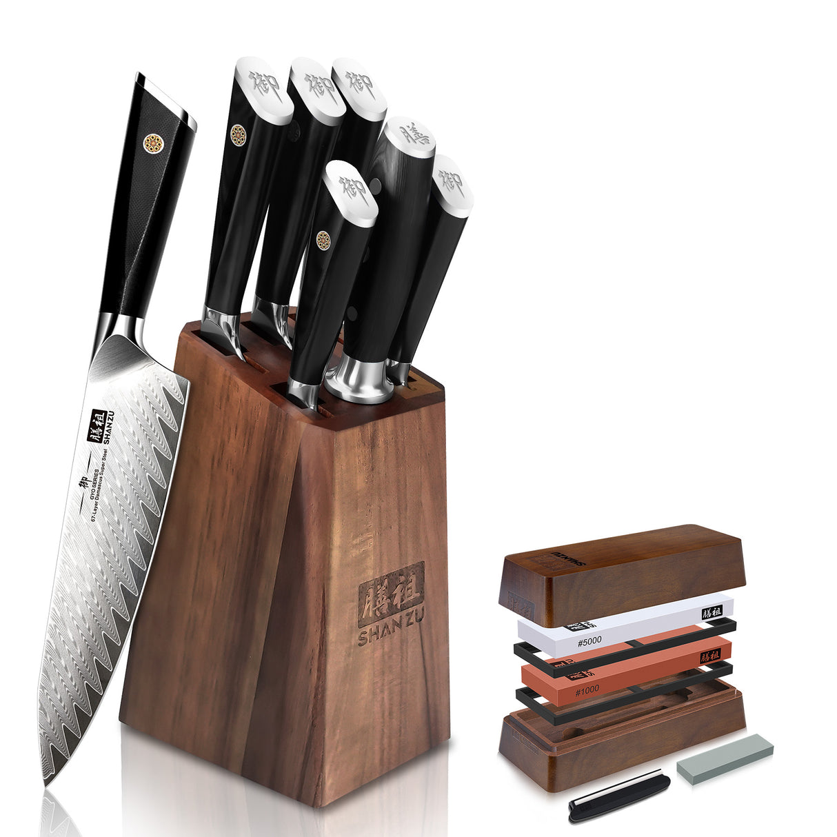 Set di coltelli da cucina GYO Damascus da 7 pezzi con blocco + pietra per affilare