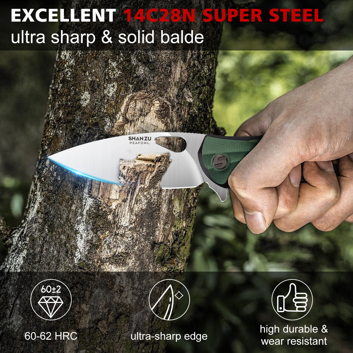 SHAN ZU Pocket Knife 3.2 in, Powder Steel Blade EDC Folding Knife for Men & Women, Utility Survival Knife with G10 Handle & Pocket Clip for Camping Fishing Hiking Hunting - Green