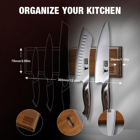 SHAN ZU 12" Wooden Magnetic Knife Holder for Wall & Fridge | Magnetic Knife Strips Use as Knife Bar