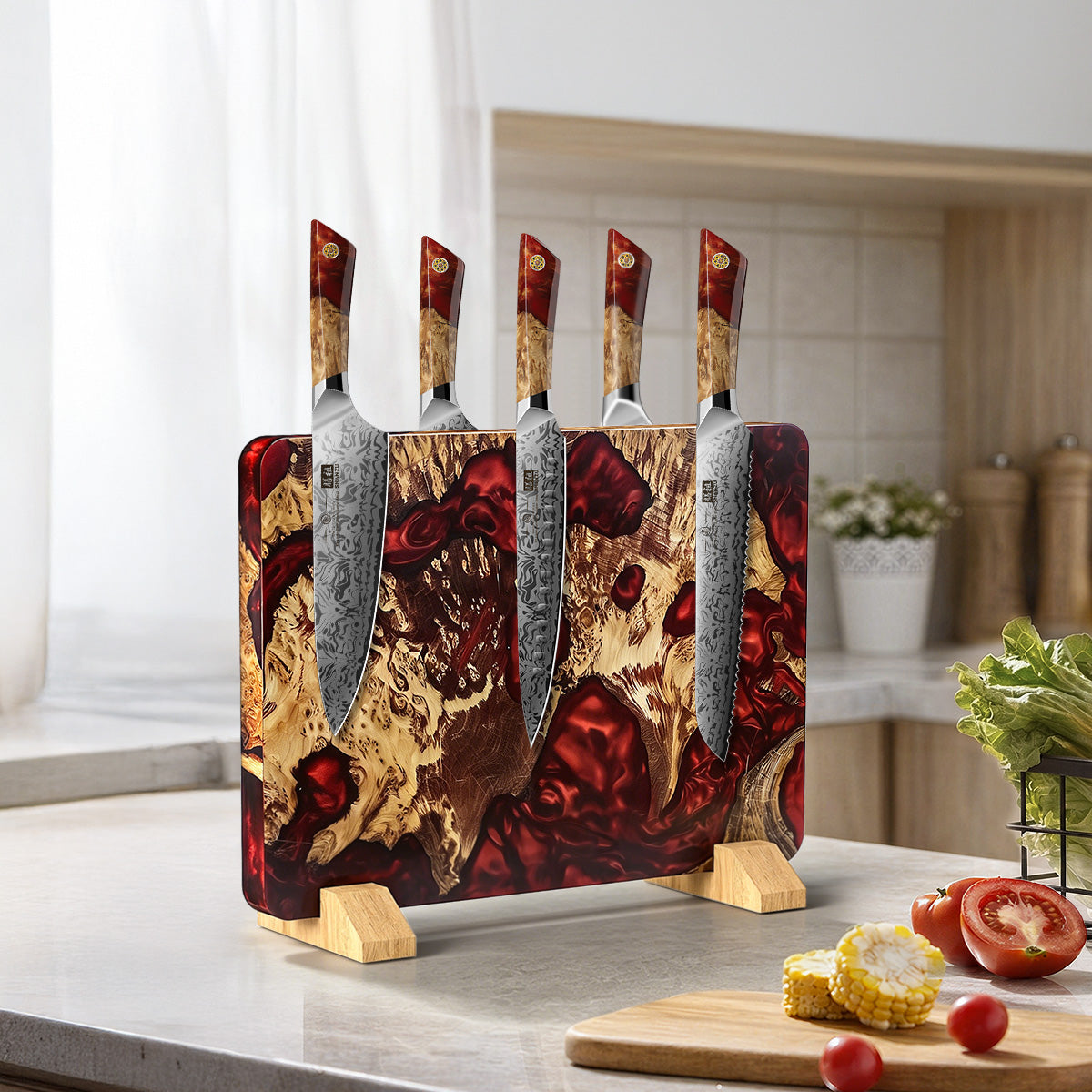 White Tiger Series | Double-Sided Magnetic Knife Block - Red Stabilized Wood Edition