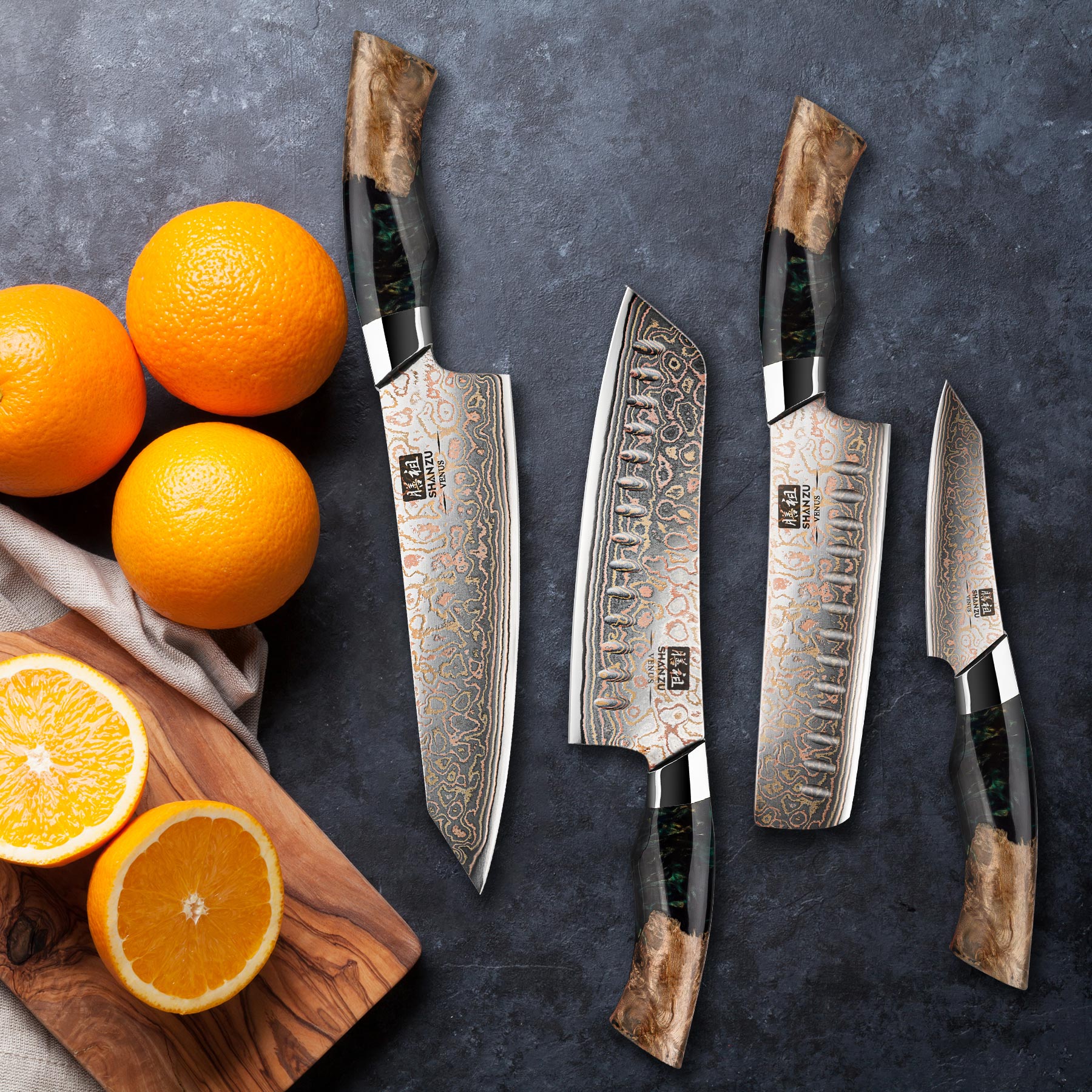 SHAN ZU Venus Series – 5-Piece Copper-Damascus Set + Magnetic Knife Block