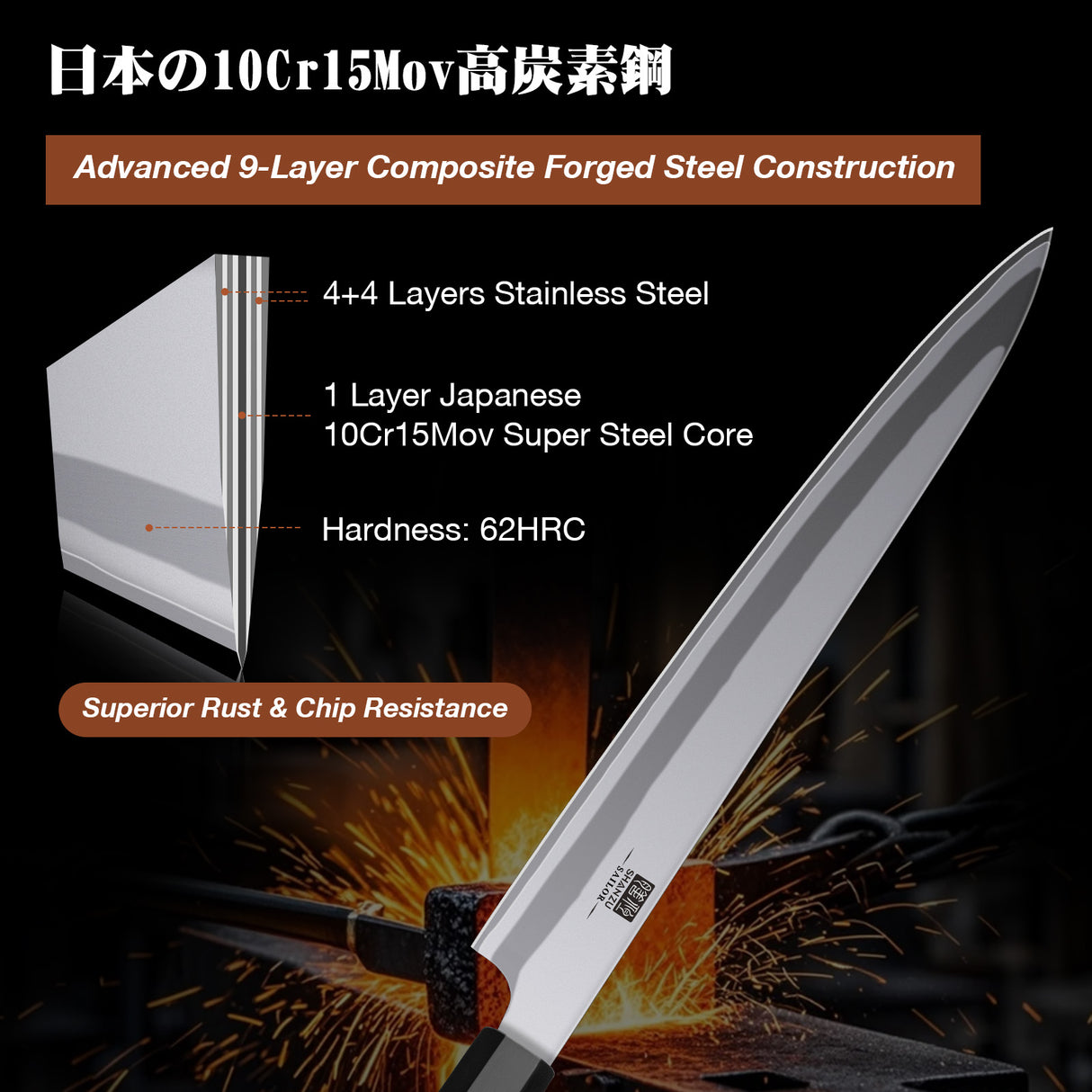 SHAN ZU 10 Inch Japanese Sushi Knife, 9 Layers 10Cr15MoV High Carbon Steel Sashimi Knife, Sharp Cutting Yanagiba Knives with Red Sandalwood Handle for Sushi Making, Slicing & Fish Knives