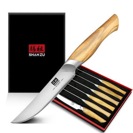 Razor-Sharp Steak Knife Set of 6 with Olive Wood Handle